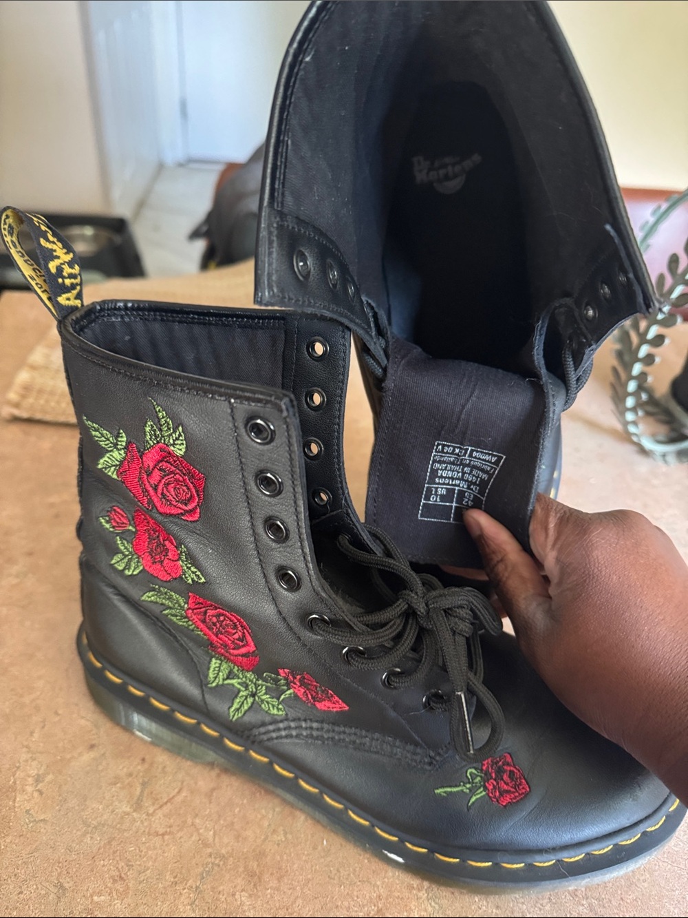 Dr. Martens Black Leather Lace-Up Boots with Red Rose Embroidery